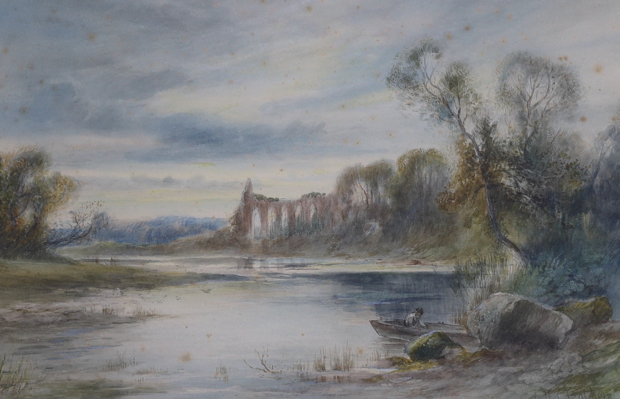 Charles Henry Baldwyn (1859-1943), watercolour, River landscape with abbey ruins, signed and dated 1912, 30 x 45cm